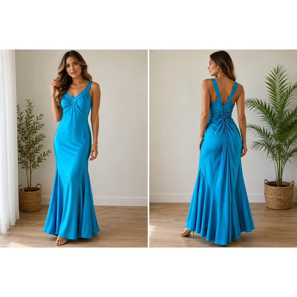 Cache Silk Mermaid Evening Gown Women 6 Blue Open Back Ruched Formal Vintage Y2K